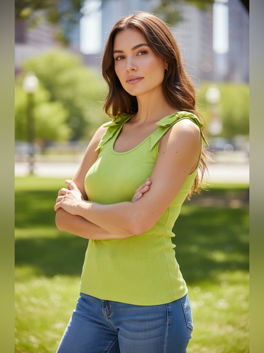 French Connection Neon Lime Ribbed Tank with Shoulder Bows